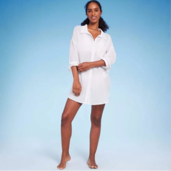 Shade & Shore | Women's Button-Up Swimsuit Cover Up Shirtdress | White Large NWT - Picture 3 of 7